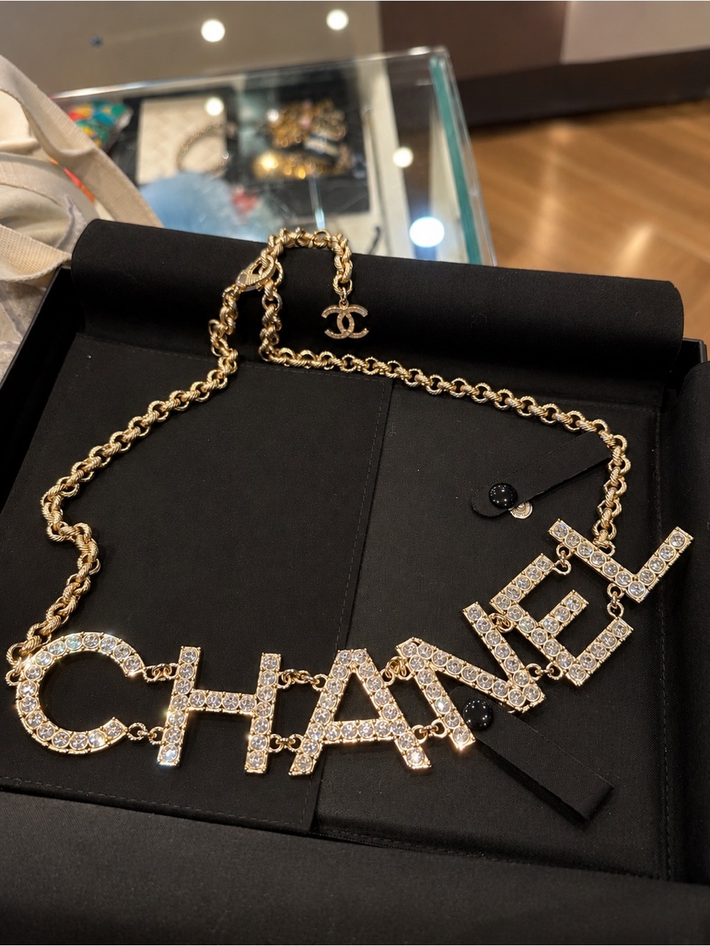 CHANEL Coco CC Crystal City of Lights Letter Chain Necklace Gold